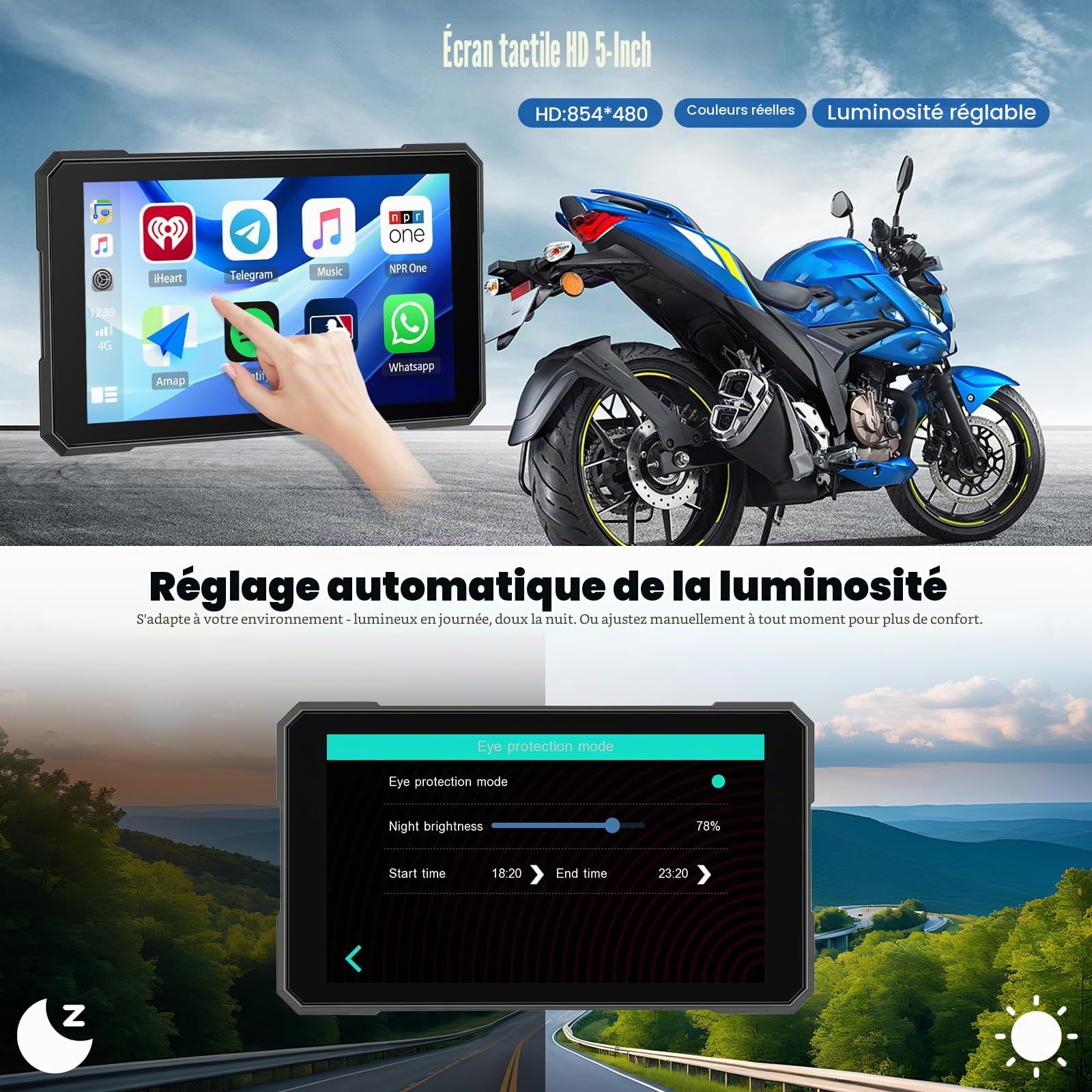 SIXWIN Carplay Moto 5 Pouces Carplay sans Fil & Android Auto,Navigation GPS Moto IP68 Écran Voiture, USB Port, Audio BT, EQ,Siri,Assistant G00gle,Support Universel pour Moto/Voiture