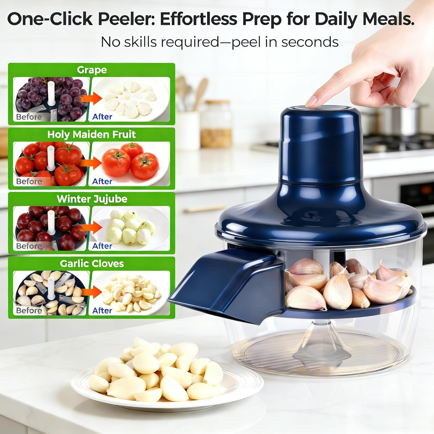 WONCHIEF Automatic Electric Small Fruit Peeler, USB-C Rechargeable One-Button Garlic Peeler, Suitable for Grapes/Jujube/Cherry Tomatoes/Longan/Garlic Cloves, Portable Kitchen Tool for Home/Restaurant