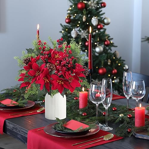 Vista 18 de Sggvecsy 30 piezas de flores artificiales patrióticas, ramo conmemorativo, flores falsas de cementerio rojo, blanco y azul, con banderas