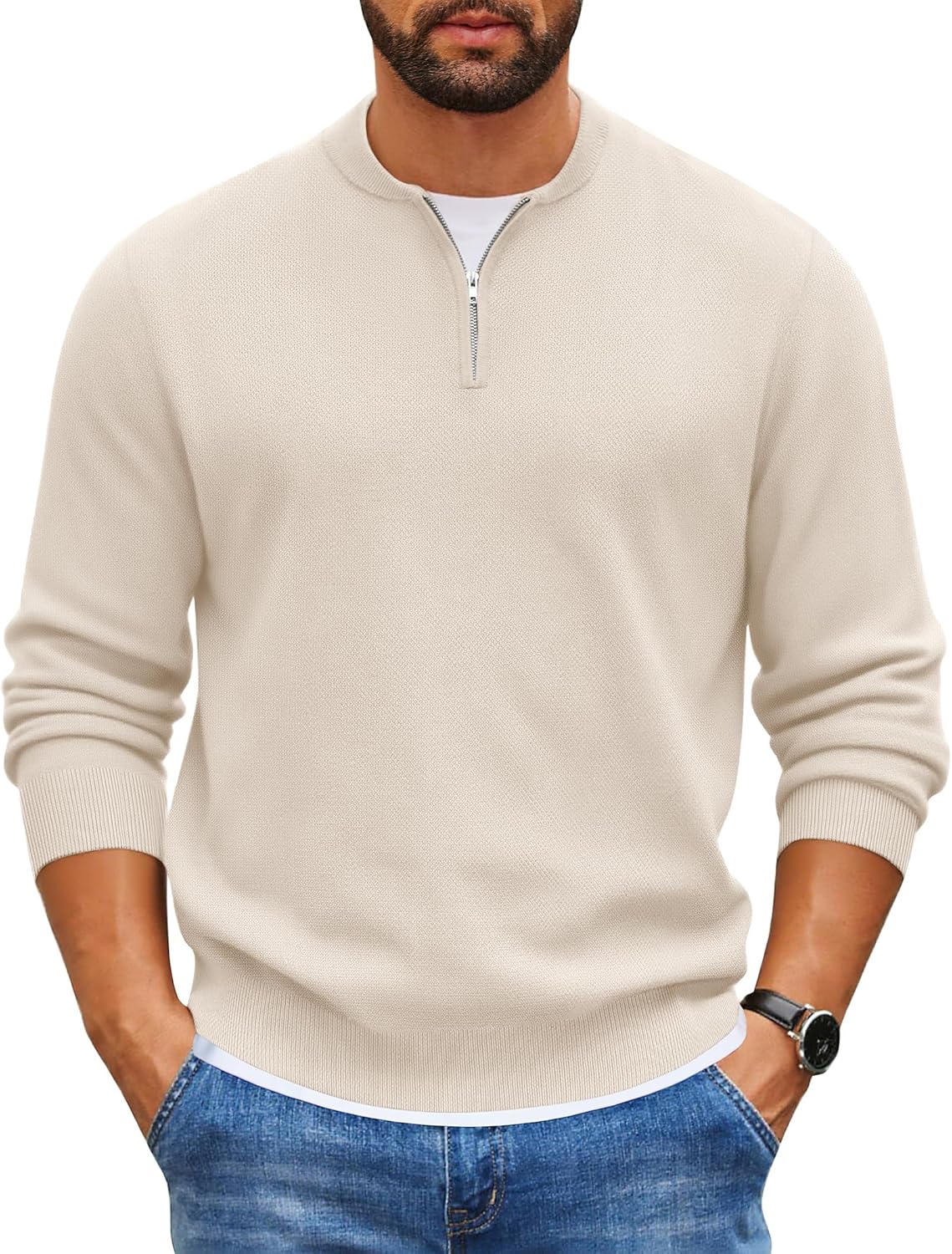COOFANDY Mens Quarter Zip Pullover Slim Fit Knit Sweater Lightweight Mock Neck Casual Sweaters
