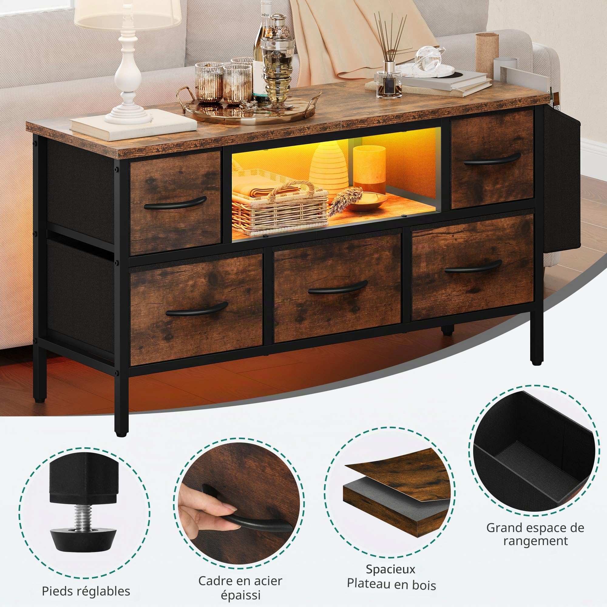 YITAHOME Meuble TV pour Salon avec 5 tiroirs Pliables et étagères - Meuble TV avec éclairage LED RVB - Centre de Divertissement avec Armoire pour PS5 (Marron)