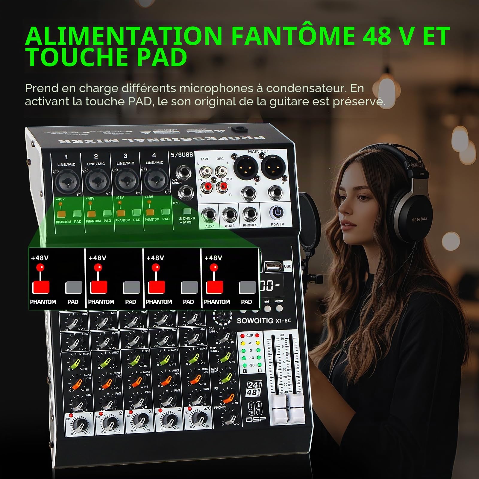 Console de mixage audio 6 canaux avec 99 effets DSP, mixeur DJ numérique, table de mixage professionnelle avec USB, Bluetooth, alimentation fantôme 48 V