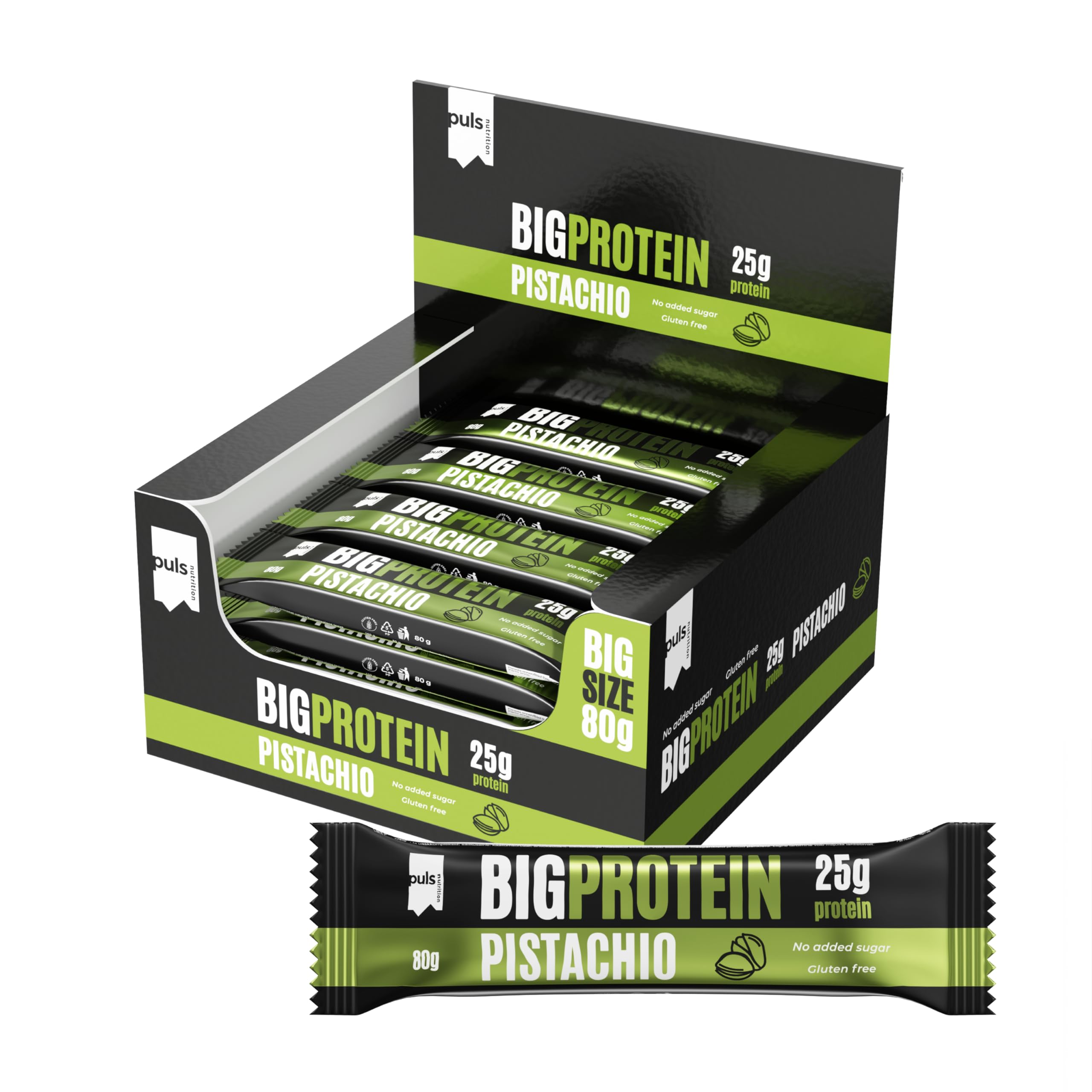 PULS NUTRITION Big Protein riegel – 25g Eiweiß pro Riegel – Pistazie 12 x 80g, Ohne Zuckerzusatz & Glutenfrei – High Protein Snack für Fitness & Muskelaufbau