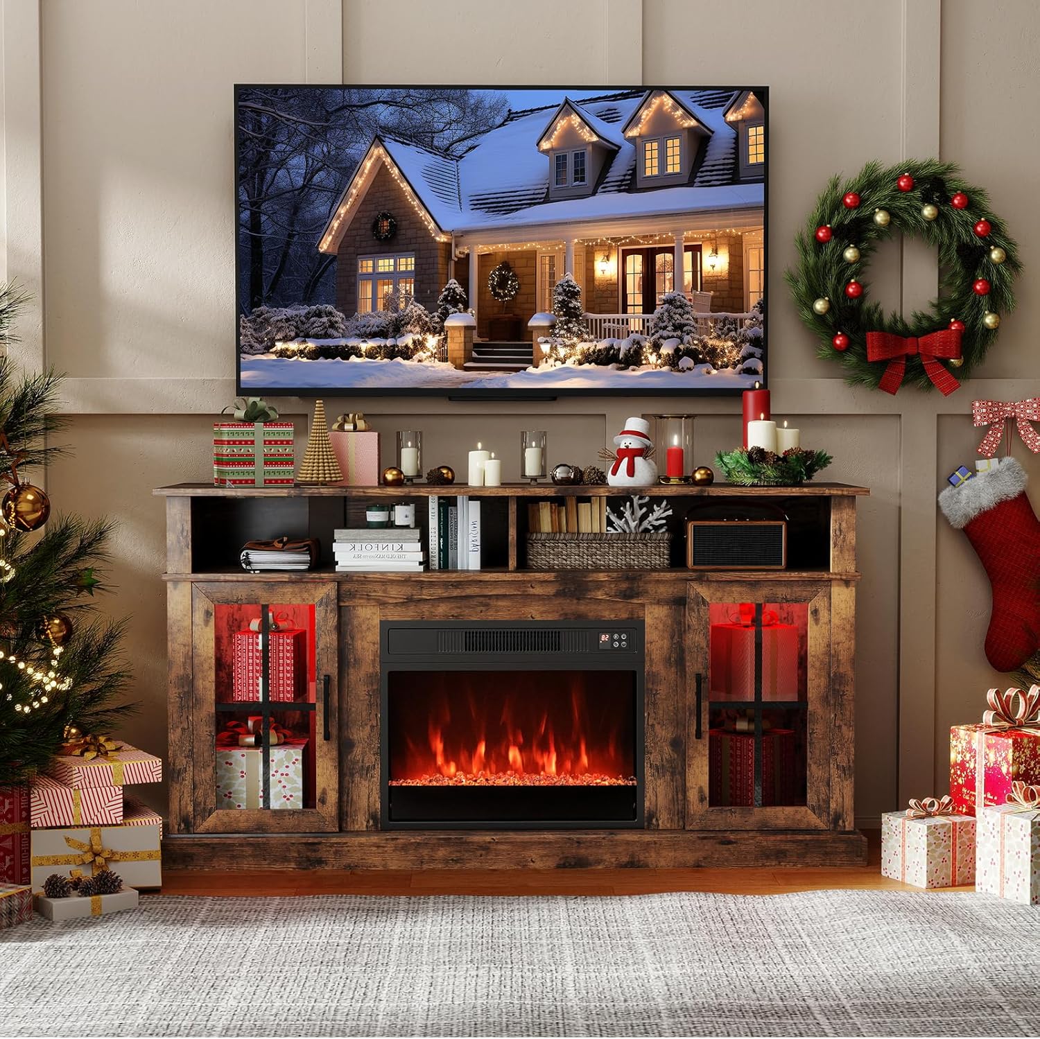 Tangkula Fireplace TV Stand for 65 Inch TV, LED Lights 58 inches Entertainment Center with Electric Fire Place with Storage Cabinet for Living Room (Rustic Brown)