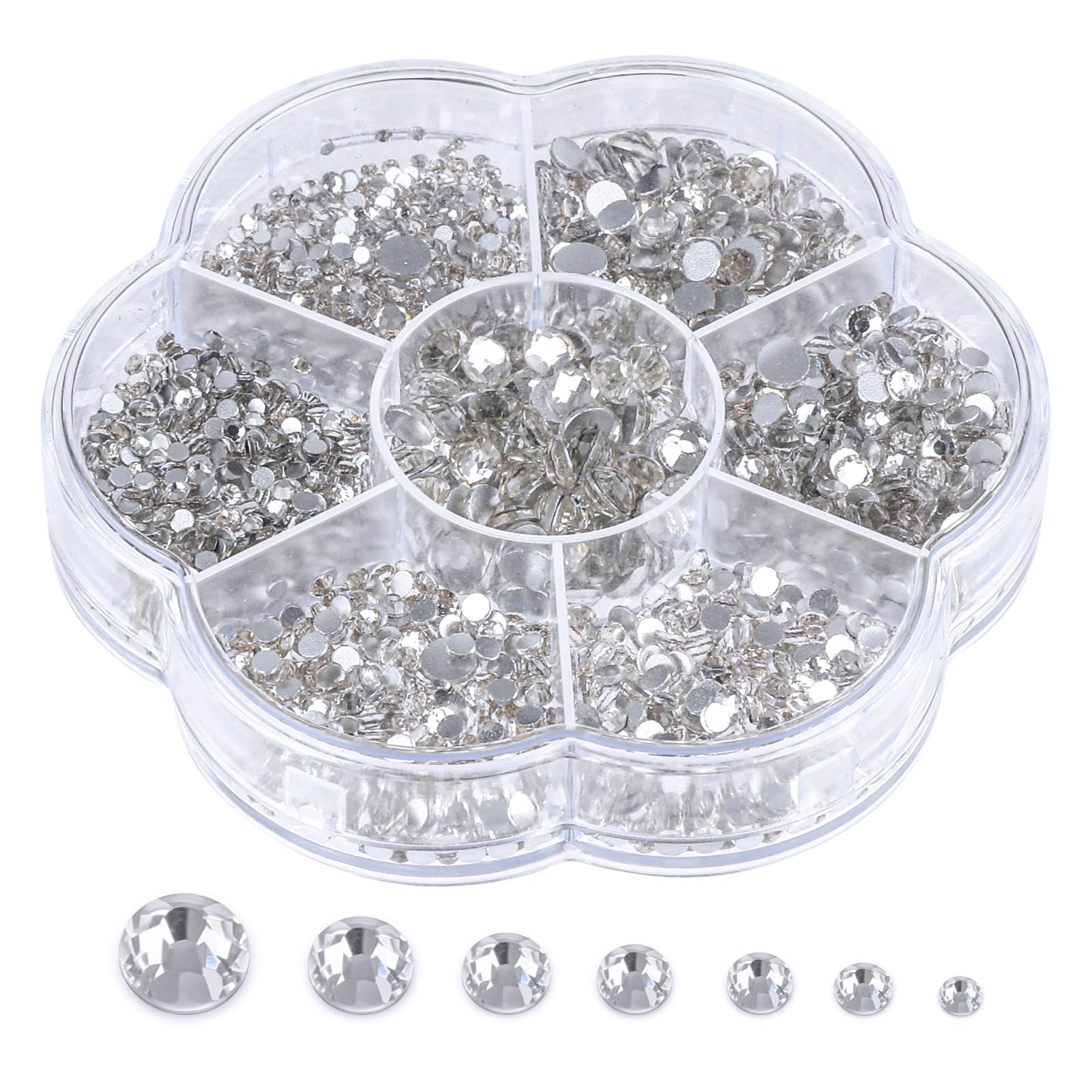 AHRLIC 3000pcs Flat Back Glass Rhinestones Kit, Bling Round Crystal Rhinestones, 7 Sizes 1.5-4.8mm, Diamond Crystal Gems with Storage Box Kit, for DIY Crafts, Nail Art, Scrapbooking, Decoration