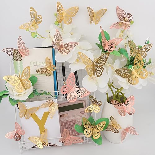 Miniatura 7 de 72 Pcs Butterfly Wall Decor, 3 Styles 3 Sizes 3D Butterfly, Gold and Rose Gold Butterfly, Wedding Decorations, Birthday Party Decorations, Girls Oro