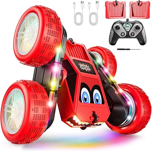 Coche de control remoto, giro de 360 con tiras de luces LED, batería modular de carga USB-C, 2.4 GHZ de doble cara todo terreno RC Crawler juguetes