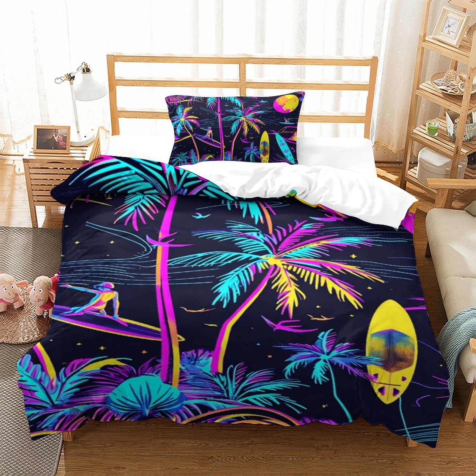 Housse de couette microfibre douce motif palmier pour lit une personne durable