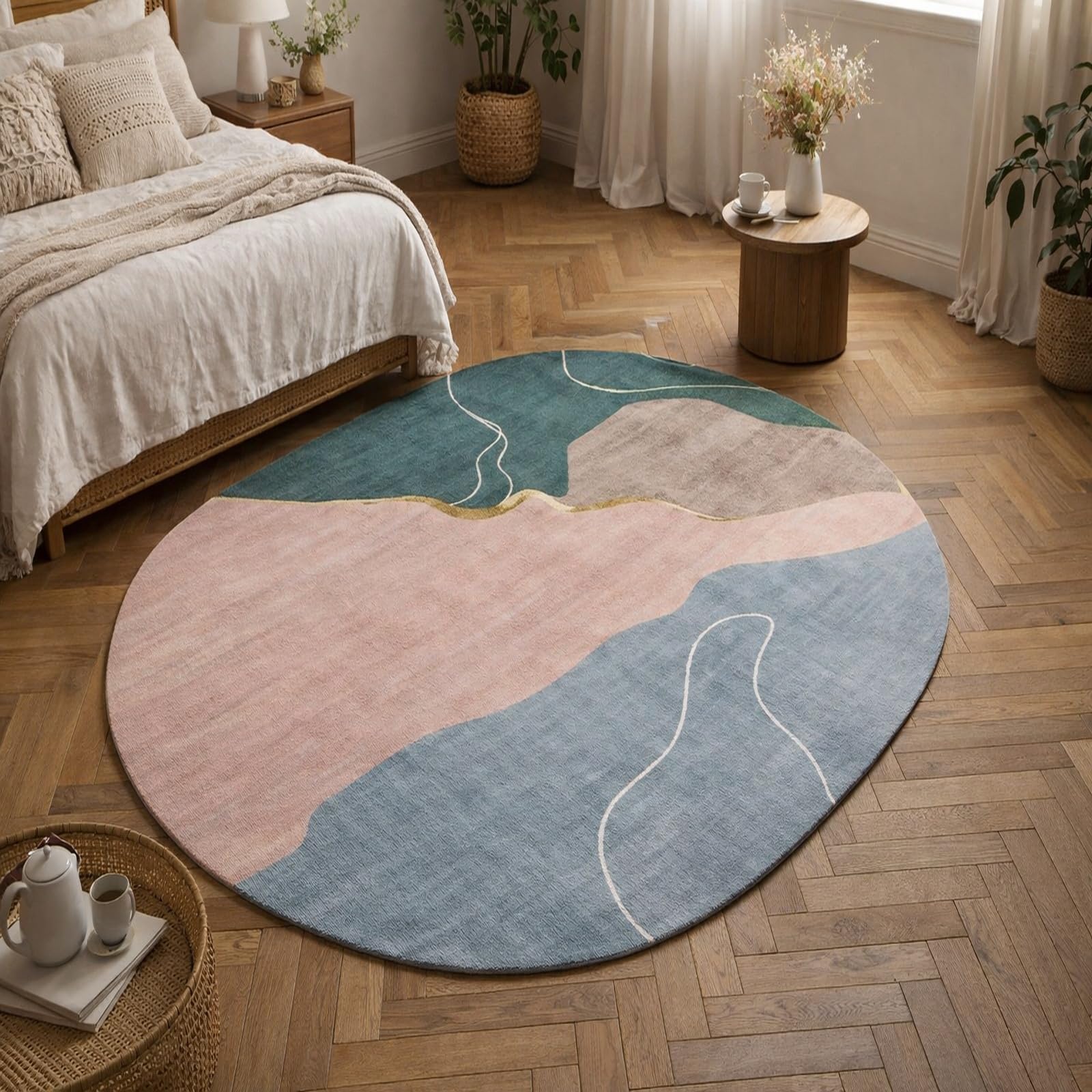 Tapis ovale salon abstrait rose bleu vert 110x160cm lavable