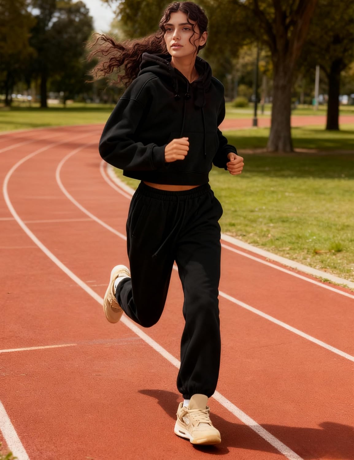 Womens Fleece 2 Piece Outfits Sweatsuit Crop Hoodie Pullover Sweatshirt Joggers Sweatpants Set - Image 5