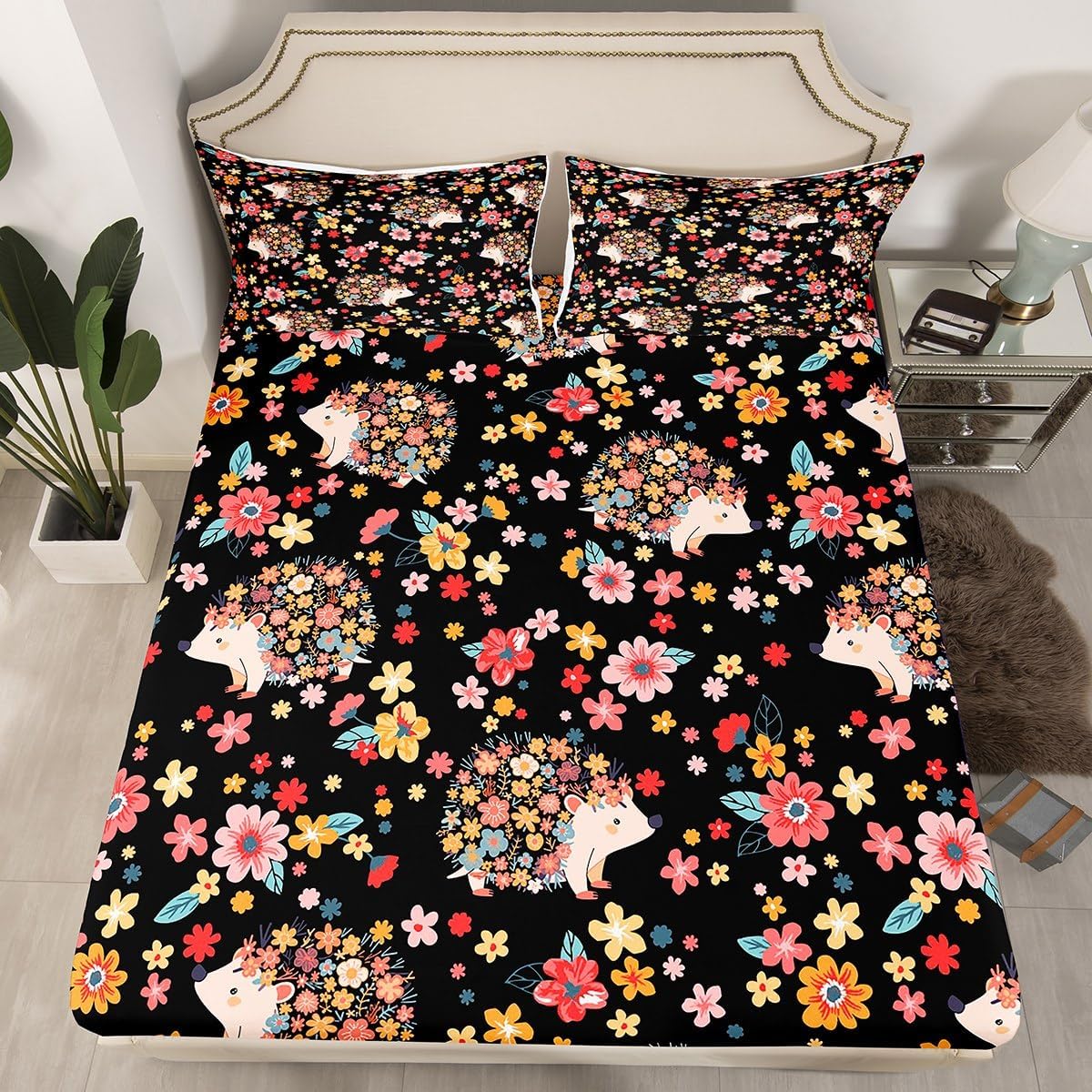 Hedgehogs Kids Fitted Sheet Twin Size,Watercolor Flowers Plants Retro Bedding Set,Girls Boys Adults Bedroom Decor,Wild Anmals Cartoon Bed Cover,Colorful Bright Bed Sheet,1 Pillowcase