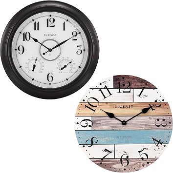 CLXEAST Illuminated Indoor Outdoor Clocks Waterproof 18 inch with Smart Sensor Wall Clock+24 Inch Multicolor Woodgrain Shiplap Wall Clocks for Living Room Decor, 24 Inch Large Farmhouse Wall Clock