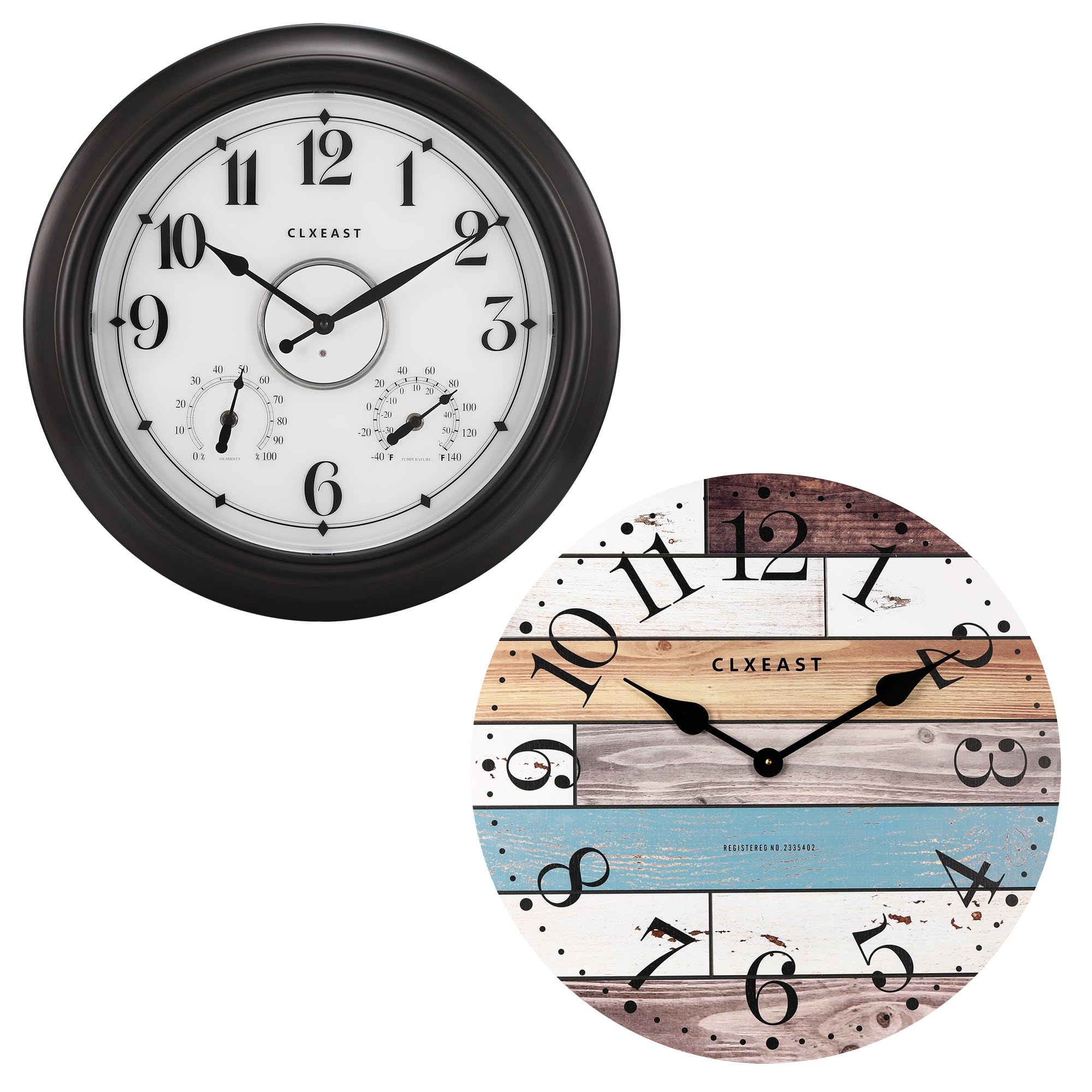 clxeast illuminated indoor outdoor clocks waterproof 18 inch with smart sensor wall clock+24 inch multicolor woodgrain shiplap wall clocks for living room decor, 24 inch large farmhouse wall clock