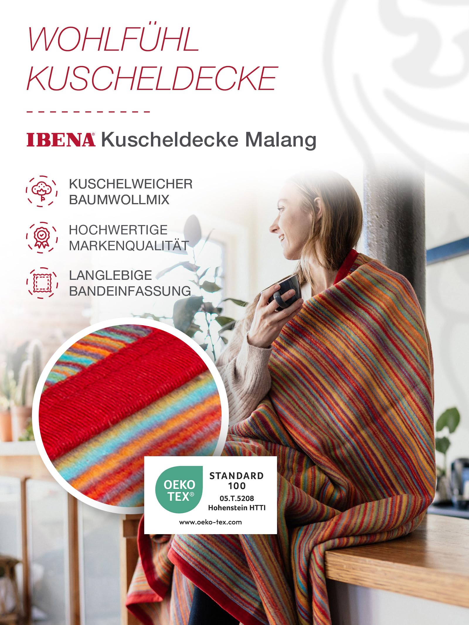 Ibena Malang Wolldecke 150x200 cm - Baumwollmix weich, warm & waschbar, Kuscheldecke Streifen bunt
