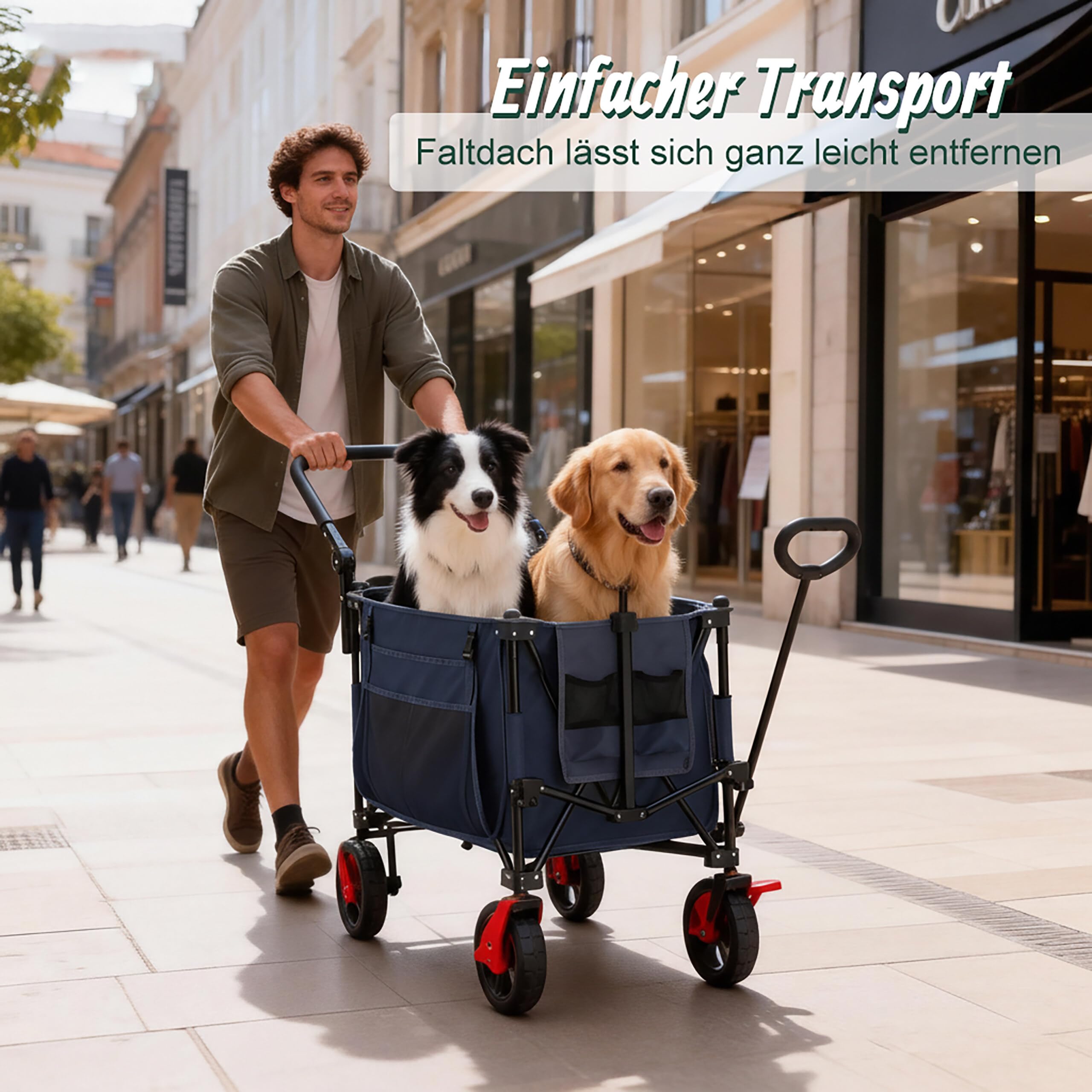 Relaxdays Bollerwagen, faltbar, 150 kg, Dach, Teleskop- & Schiebegriff, Gummireifen mit Bremse, Transportwagen, grau