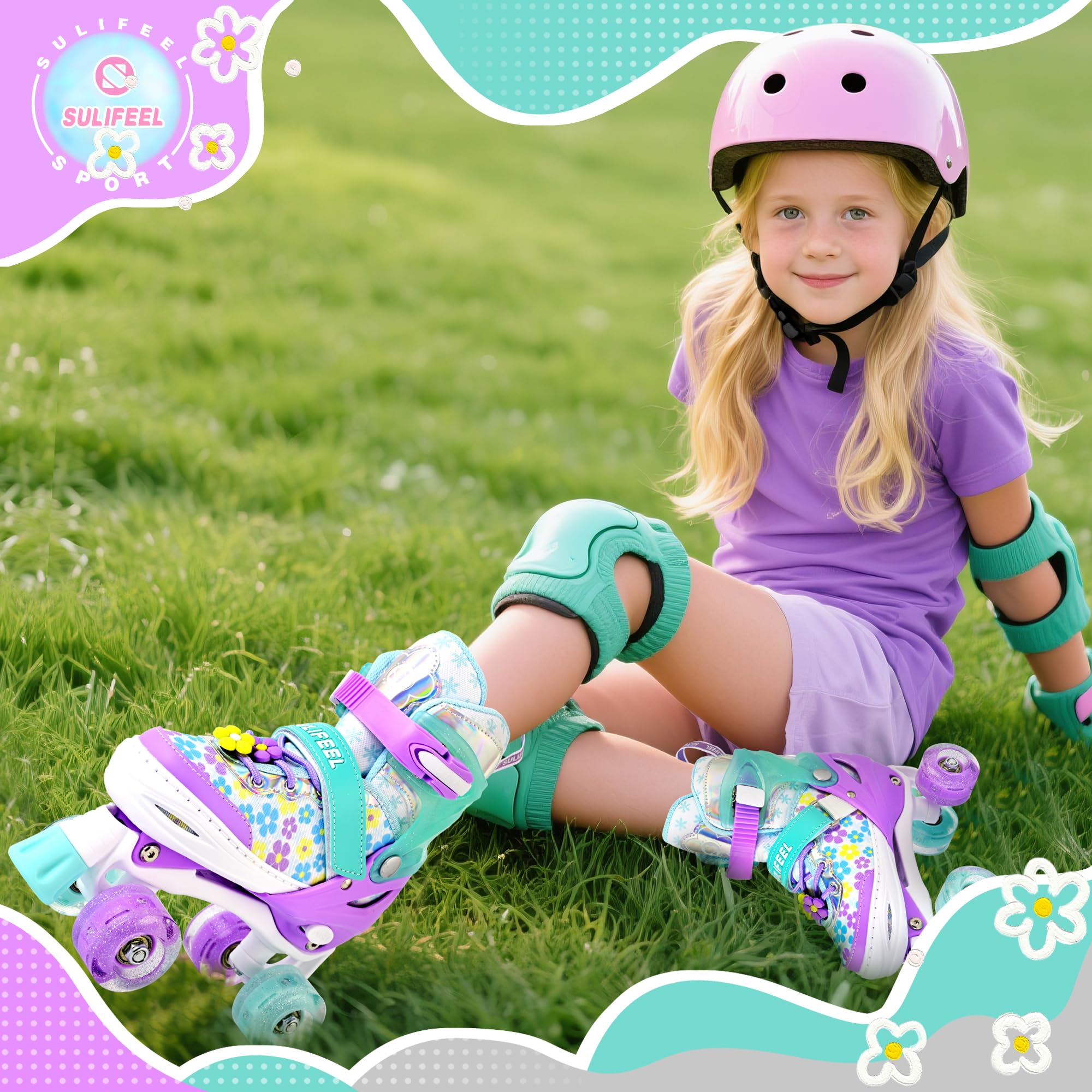 SULIFEEL Rainbow Unicorn 4 Size Adjustable Light up Roller Skates for Girls Boys for Kids
