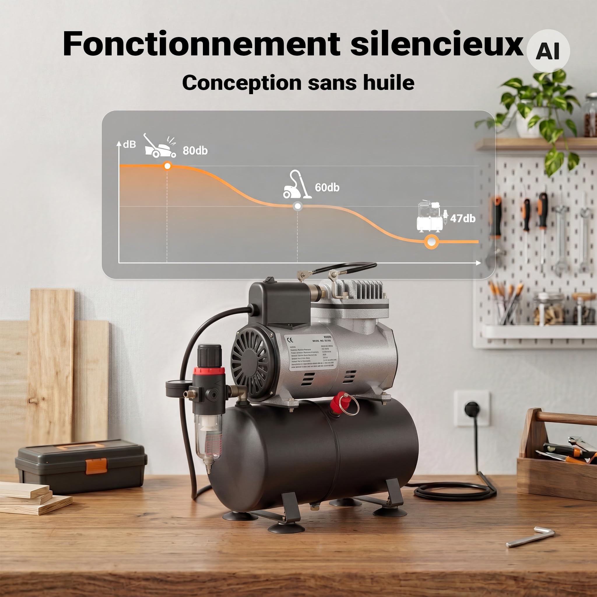 Wiltec Compresseur à membrane Aérographe Airbrush AF186 – 4 bar – Diaphragme – Sans huile – Réservoir d'air Réducteur de pression Coupure automatique – Aérographie, modélisme, manucure, tatouage