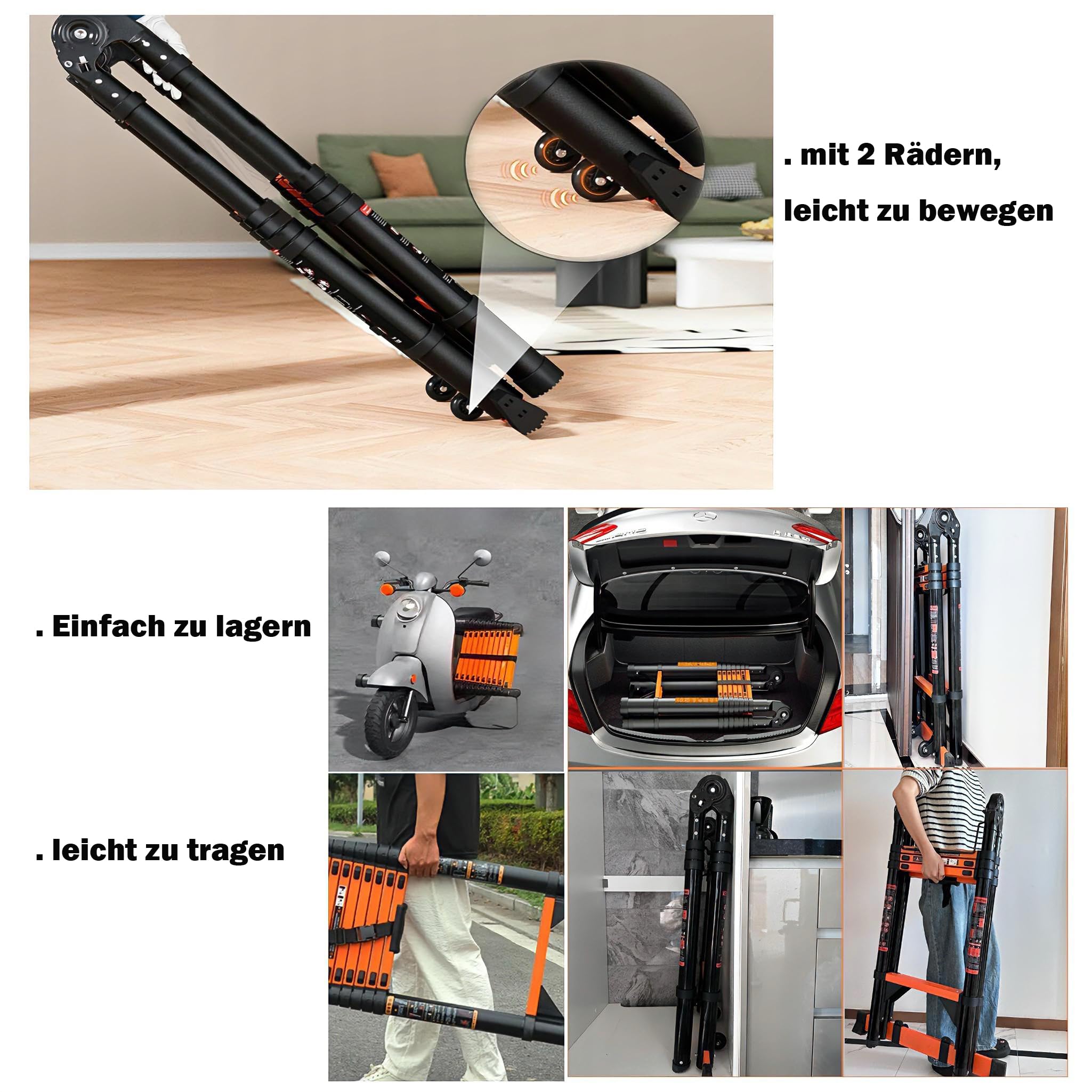 Teleskopleiter Klappleiter 6.6m Multifunktionsleite 3.3m+3.3m Kohlenstoffstahl Leiter Stehleiter mit 2 Rädern & Werkzeugtasche Bis 150 kg Belastbarkeit mit EN131 Zertifiziert