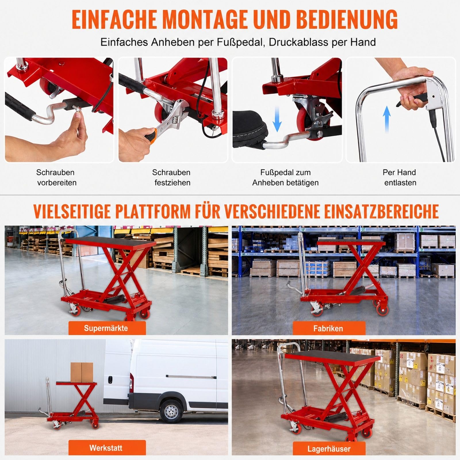 Hydraulischer Hubtischwagen, 500 lbs Traglast, manueller Scherenhubtisch, 4 Räder, rot, für Materialtransport und Handhabung
