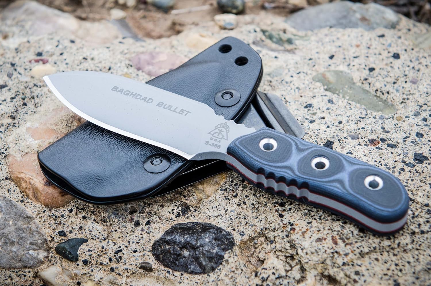 Tops Knives Baghdad Bullet Full Tang Fixed Blade- Tactical Gray Blade Finish- Black Kydex Sheath w/Multi-Position Spring Steel Clip (Blue/Black G10 Handle)