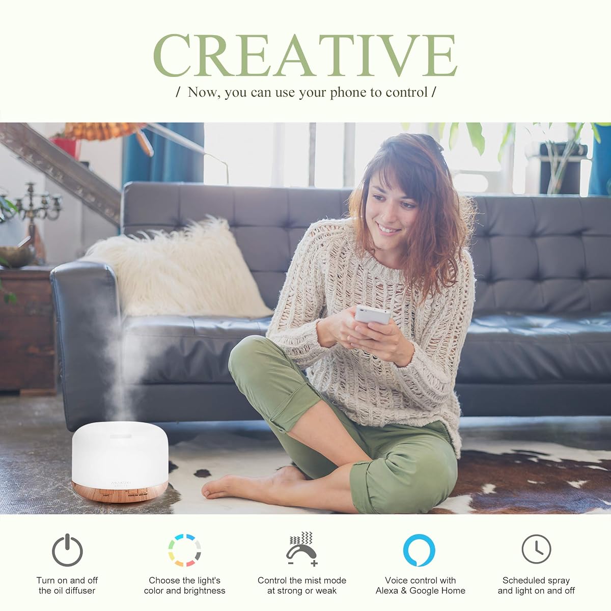 ASAKUKI Smart Wi-Fi Essential Oil Diffuser, 500ml App Control Humidifier Light Brown image 1