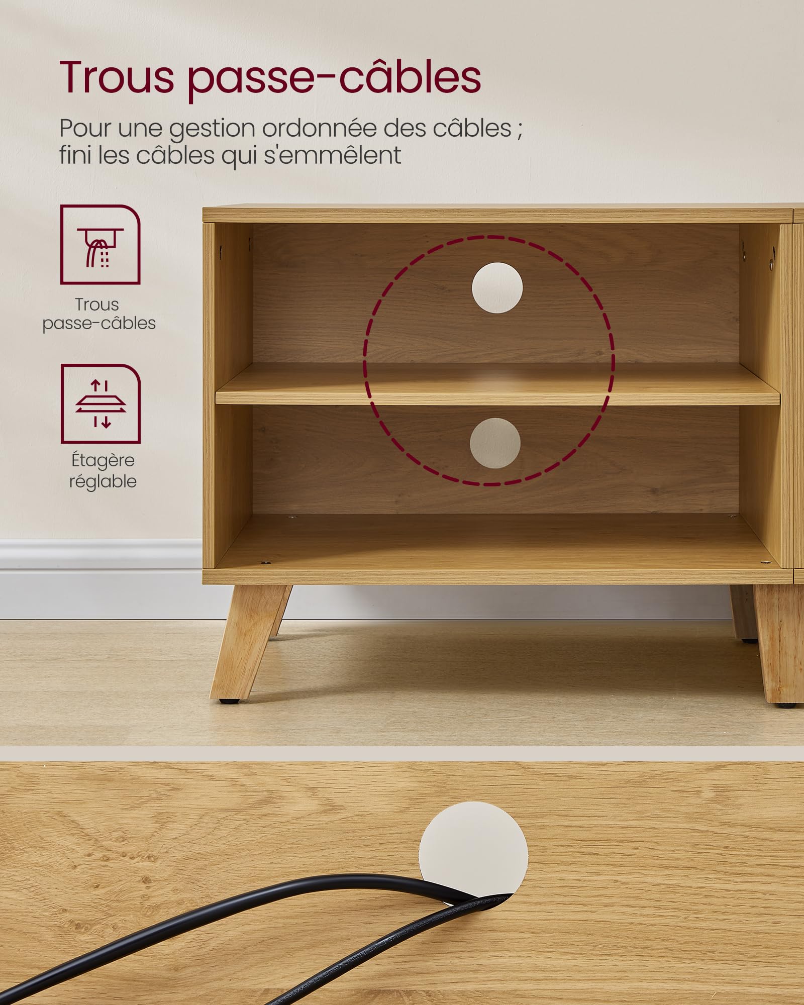 VASAGLE Meuble TV 2 Portes, Support Télé avec Étagères Réglables, Longueur 140 cm, pour Télévisions 60 Pouces, Salon, Salle à Manger, Chambre, Chêne Naturel et Blanc Crème LTV027N01