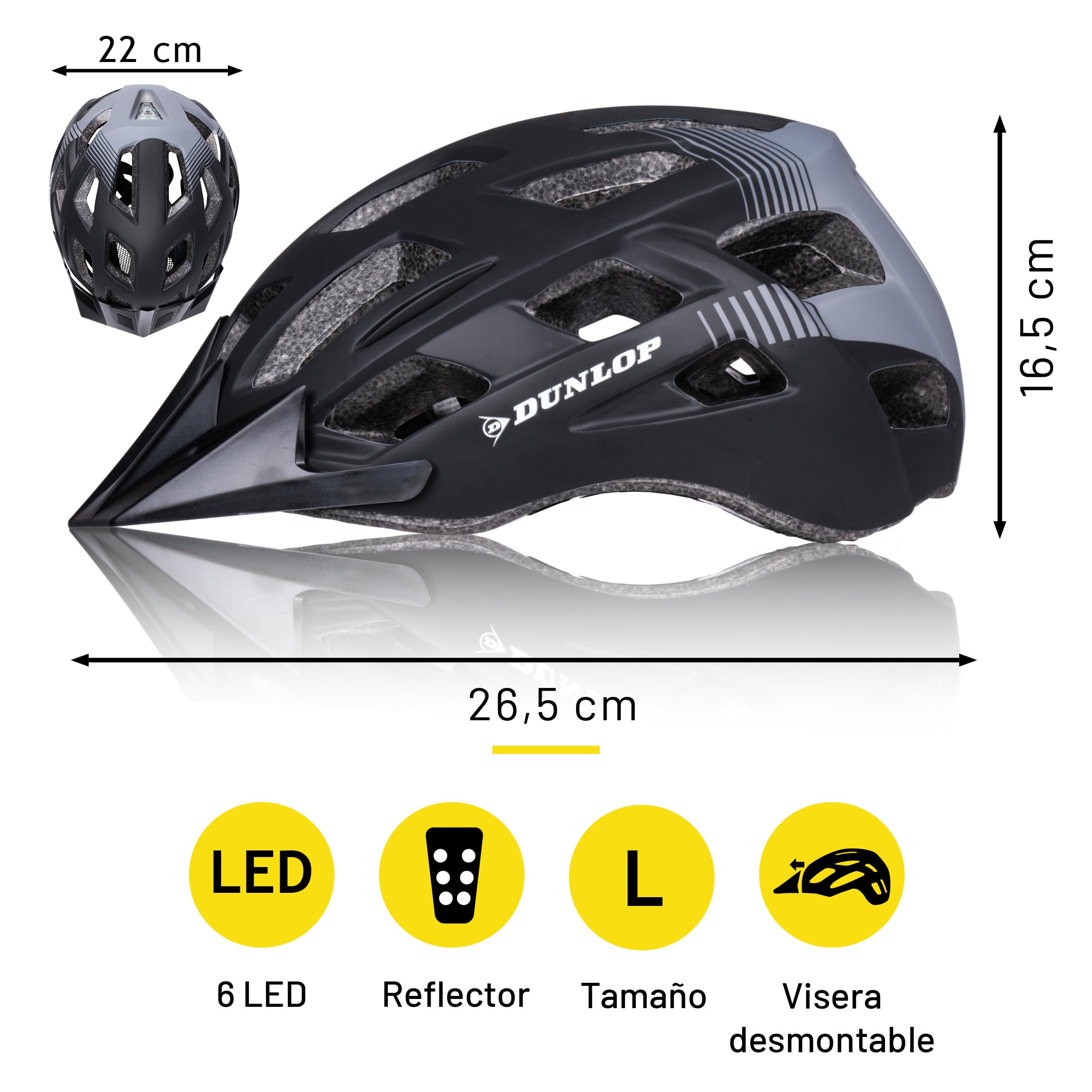Dunlop Casco de Bicicleta Con Luz LED - Para Mujeres y Hombres - Ajustable 55-58 CM - 3 Modos de Luz - Negro — view 2