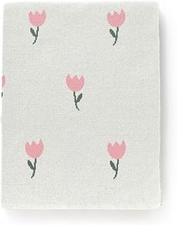 Hadetoto Baby Blanket 100% Cotton Knitted Blankets Soft Cosy Baby Blankets for Newborn (100x80cm) (Floral-Cream)