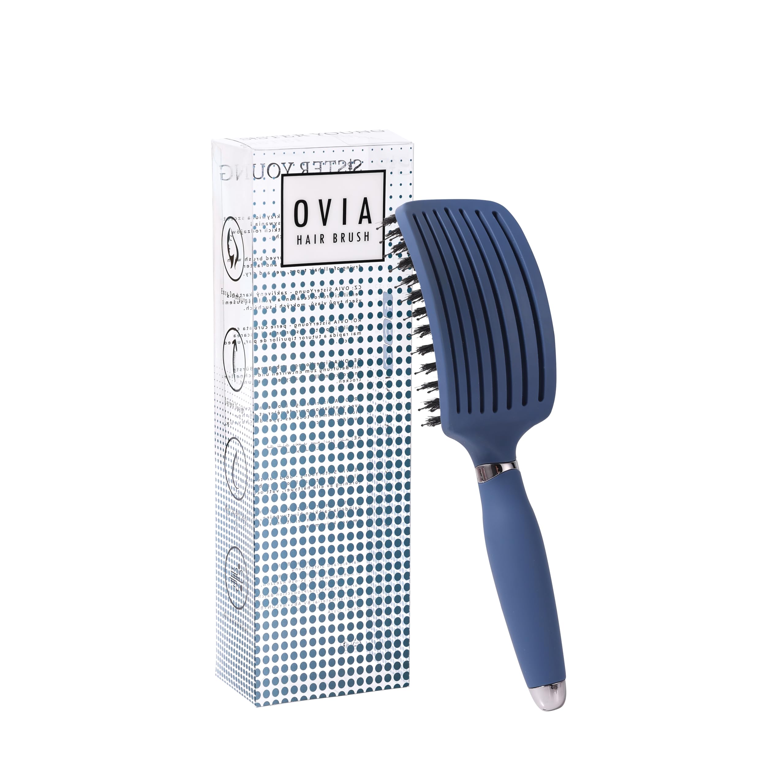 Sister Young OVIA Professional Vented Hair Brush with Boar Bristles for Volume, Shine & Healthy Hair, Detangling & Styling without Pulling (Blue)