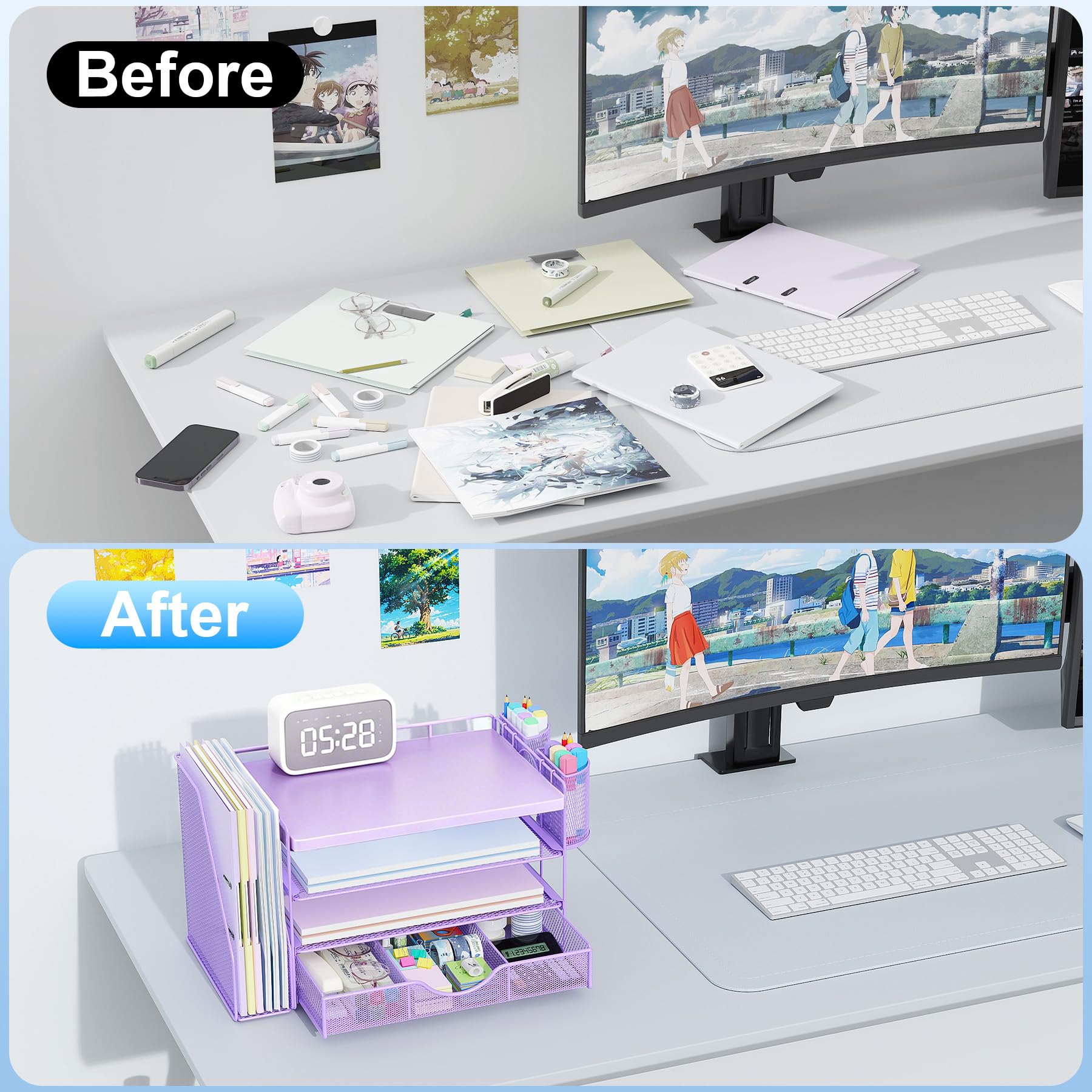gianotter Wood Desk Organizers and Accessories with File Holder, 4-Tier Desk Accessories & Workspace Organizers with Drawer and 2 Pen Holder, Desk Reference Organizer (Purple, 4T with Metal Drawer) view 2