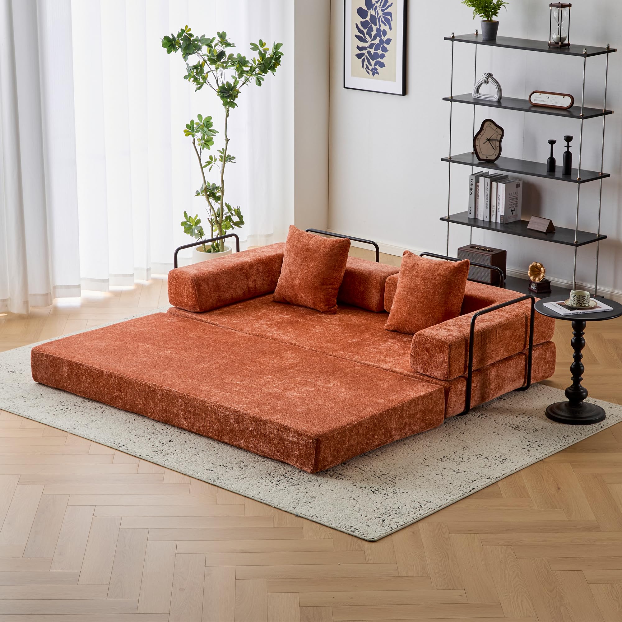 Convertible Floor Sofa Bed with Fixed-Shape Frame Modular Chenille Folding Mattress Couch with Armrest Floor Sofa Lounge Couch
