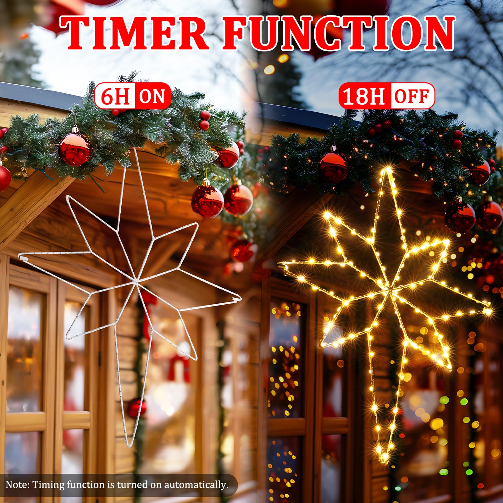 Quntis Confezione da 2 luci a stella di Natale pieghevole, 58 cm Big Star 236 LED decorazione per finestra con batteria gancio per timer, IP44 decorazione natalizia per interni esterni bianco caldo