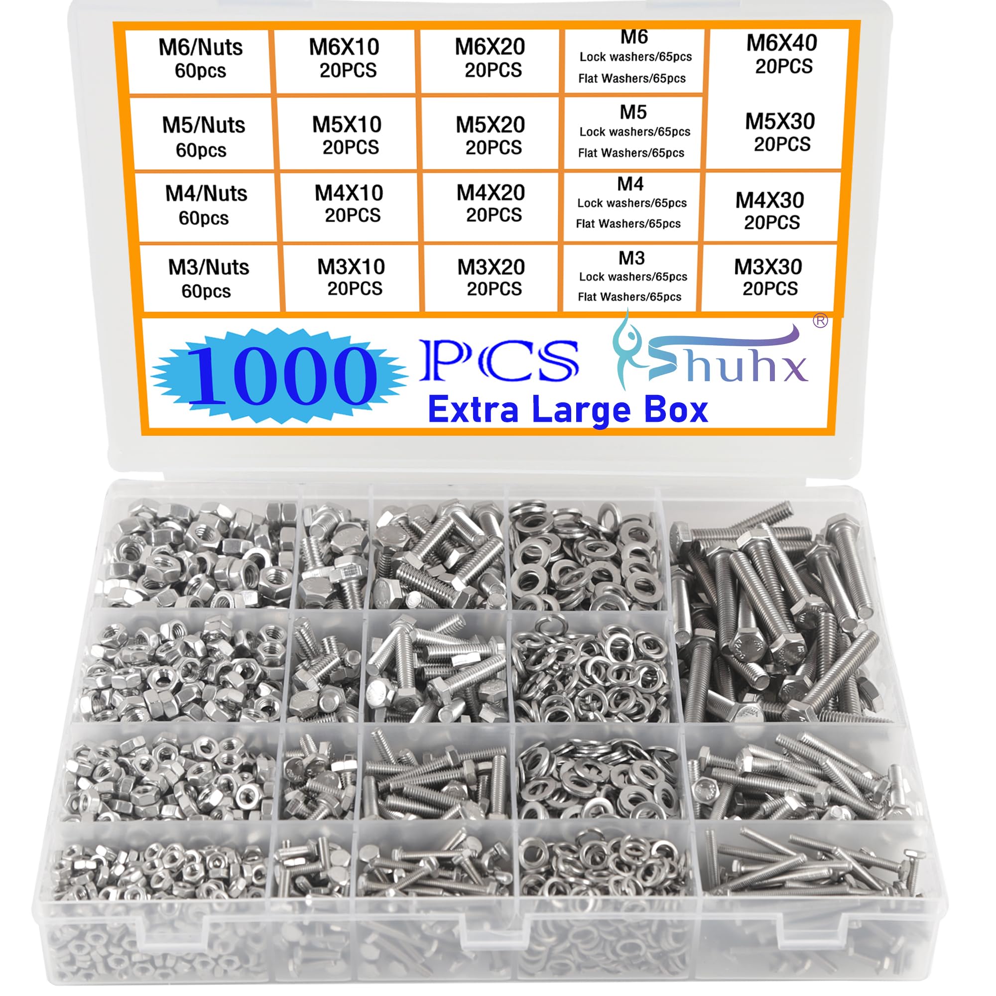 Rshuhx Ext Large Nuts and Bolts Sets M3 M4 M5 M6 1000pcs Hex Bolt 304 Stainless Steel Mechanical Screws Washers Nuts and Bolts Assortment Kit With Storage Box For DIY Industry Mechanical