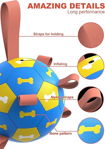 Miniatura 5 de Amasiver Pelota de fútbol para perros con correas, bola de pastoreo grande de 8 pulgadas, juguetes interactivos para tira y afloja, regalos de