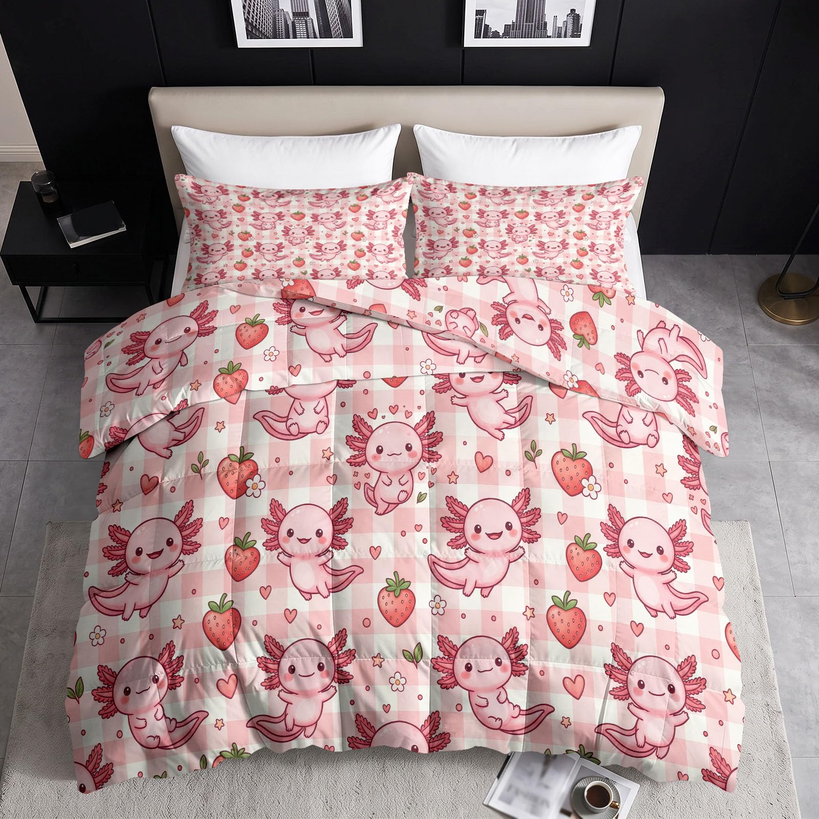 Piumino senza rivestimento, 200 x 220 cm, trapunta invernale traspirante per cameretta dei bambini, motivo animali, cibo, cartone animato Axolotl e fragola, in morbida microfibra, calda coperta