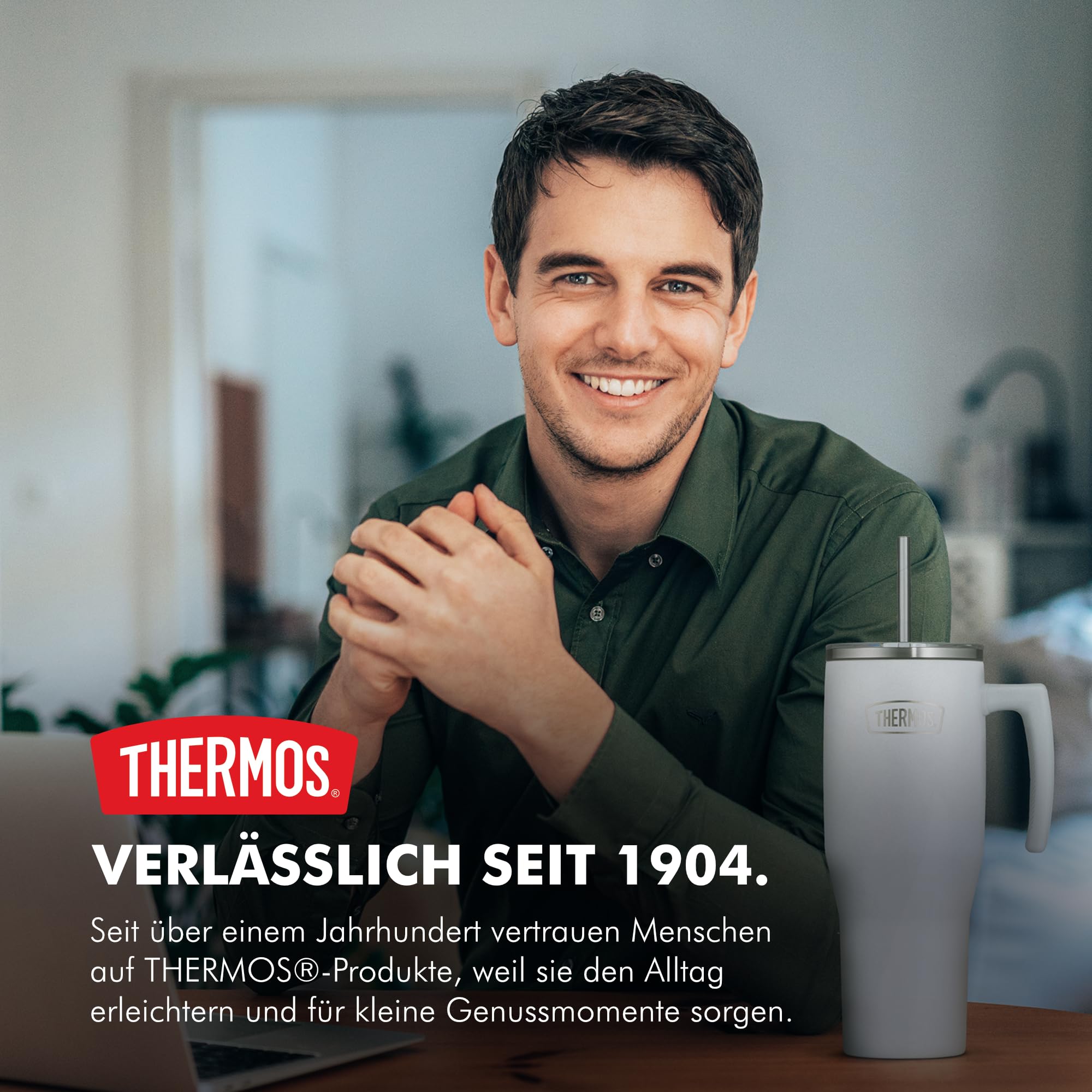 Thermos Tumbler mit Strohhalm und Henkel, Trinkbecher 1,10 l, green mat