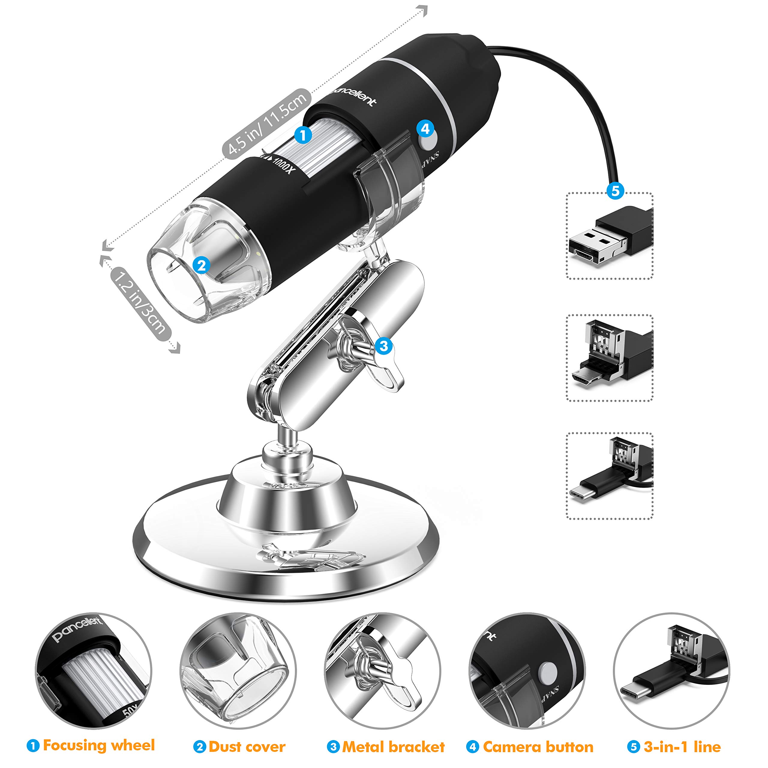 Pancellent Microscopio Digital, microscopía de Aumento USB 1080P 50X a 1000X con 8 LED, colección de Diapositivas de 12 Paquetes (Nivel de Inicio, Negro)