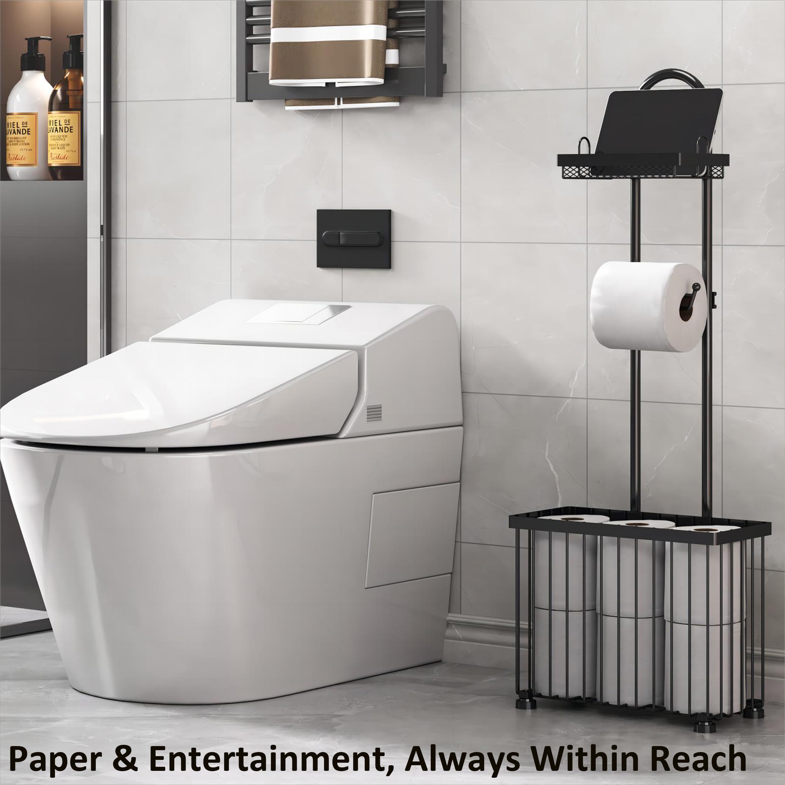 X-cosrack Freestanding Toilet Paper Holder Toilet Tissue Rack Scroll Stand Roll Dispenser with Storage Shelf Reserve for Phone — view 5