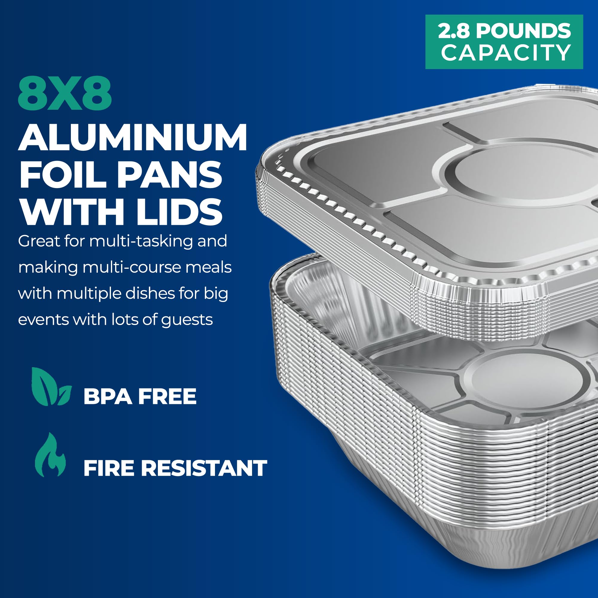 Sartenes de aluminio con tapas de 8 x 8 pulgadas [20 juegos] Bandejas desechables de papel de aluminio – Sartenes cuadradas de aluminio de 8 pulgadas con tapas para hornear, asar, calentar, almacenar,