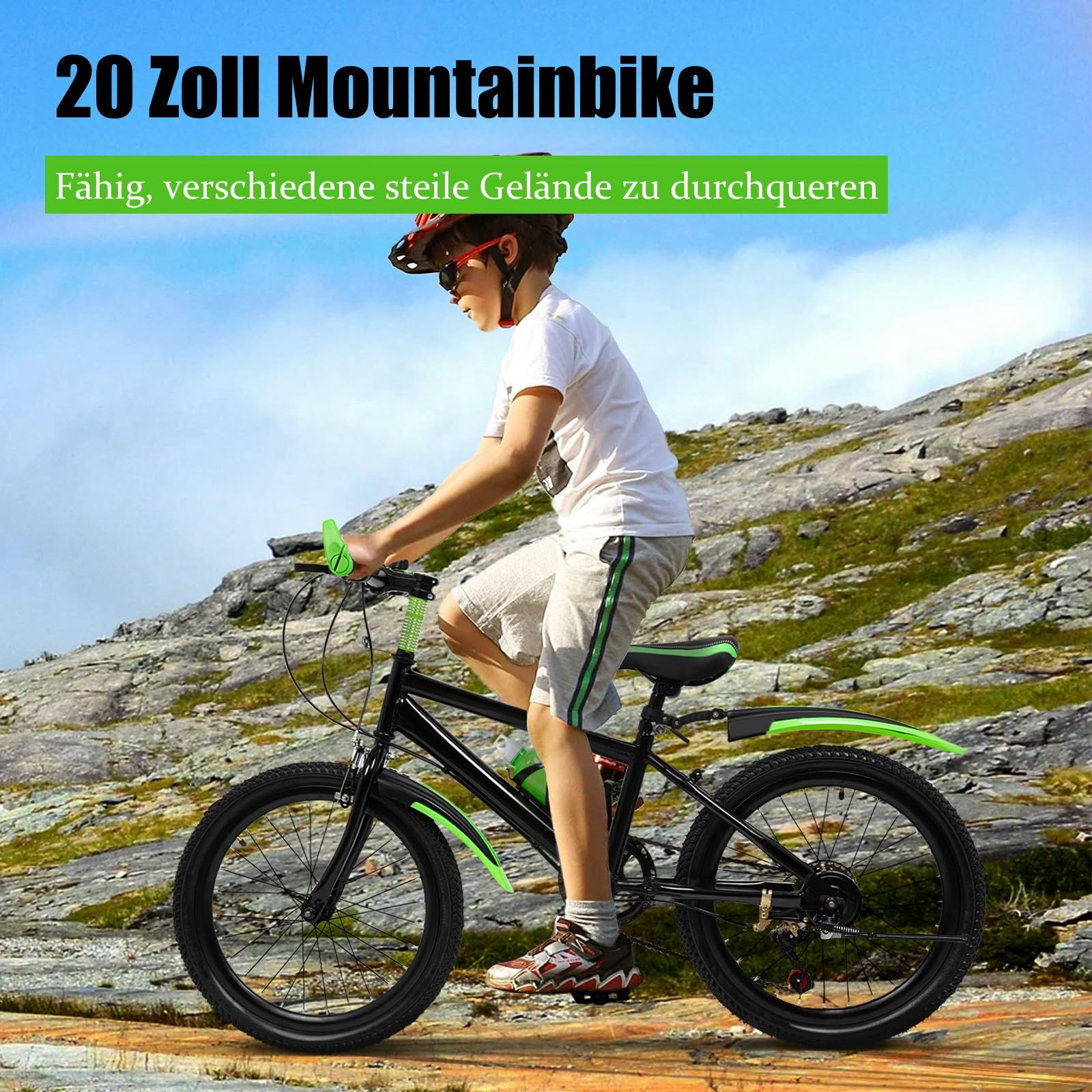 Mountain bike da 20 pollici, bicicletta per bambini, per ragazzi e ragazze, mountain bike a 7 marce, con parafango, bottiglia d'acqua, campana bussola, portata 85 kg, da 8 a 13 anni