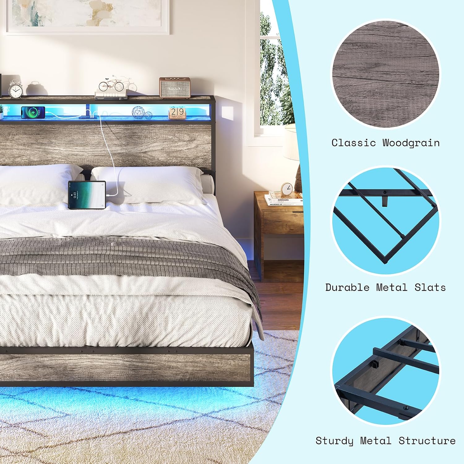 AMERLIFE Full Size Floating Bed Frame with 2-Tier Storage Headboard, Metal Bed Frame with Charging Station & LED Lights, No Box Spring Needed, Rustic Grey