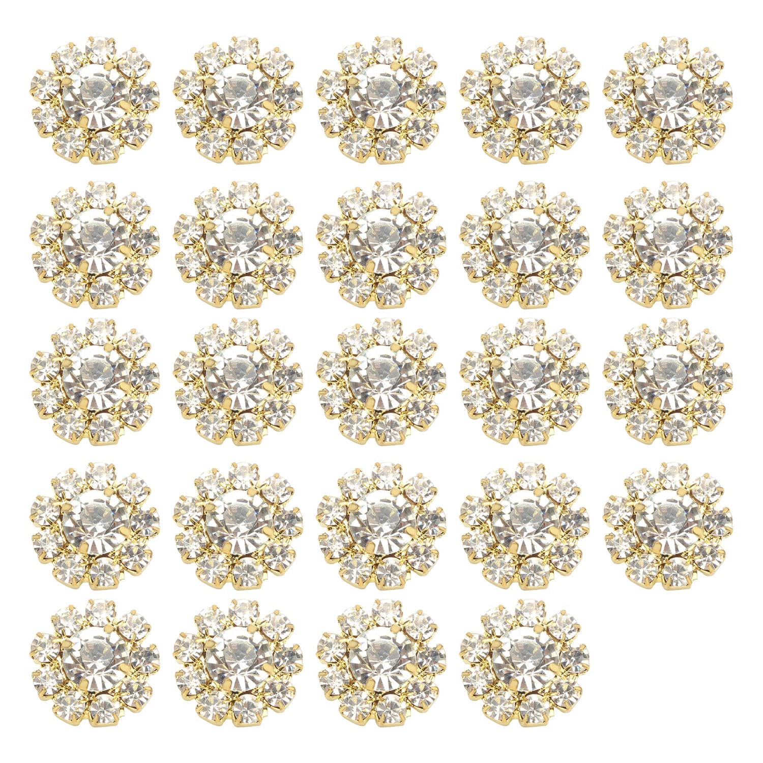 WOSO Pack of 24 Rhinestone Button Gold Crystal Flower Button Embellishments Crafting Bulk for Cardigan Clothing Sewing Wedding Decoration (Gold)