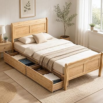 Twin Bed Frame with 2 Storage Drawers, Wood Platform Bed with Headboard | No Box Spring Needed, Easy Assembly, Non-Slip Embedded Design