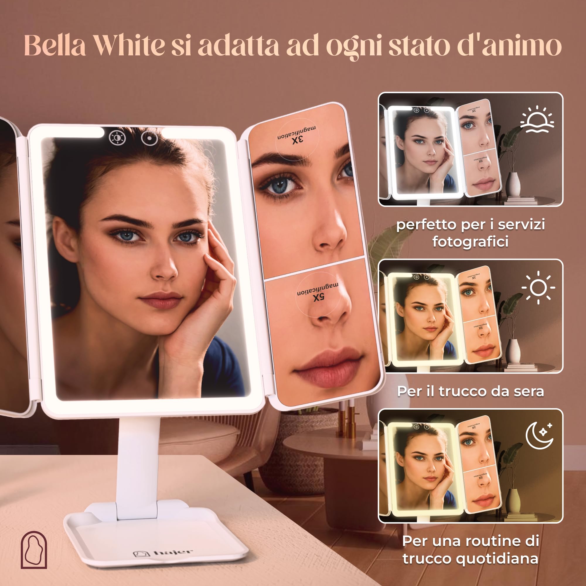 hajer Specchio da trucco luminoso a LED + custodia per il trasporto, ingrandimento 1X/3X/5X, 3 modalità di illuminazione, touch e ricaricabile USB-C con batteria al litio. Specchio portatile
