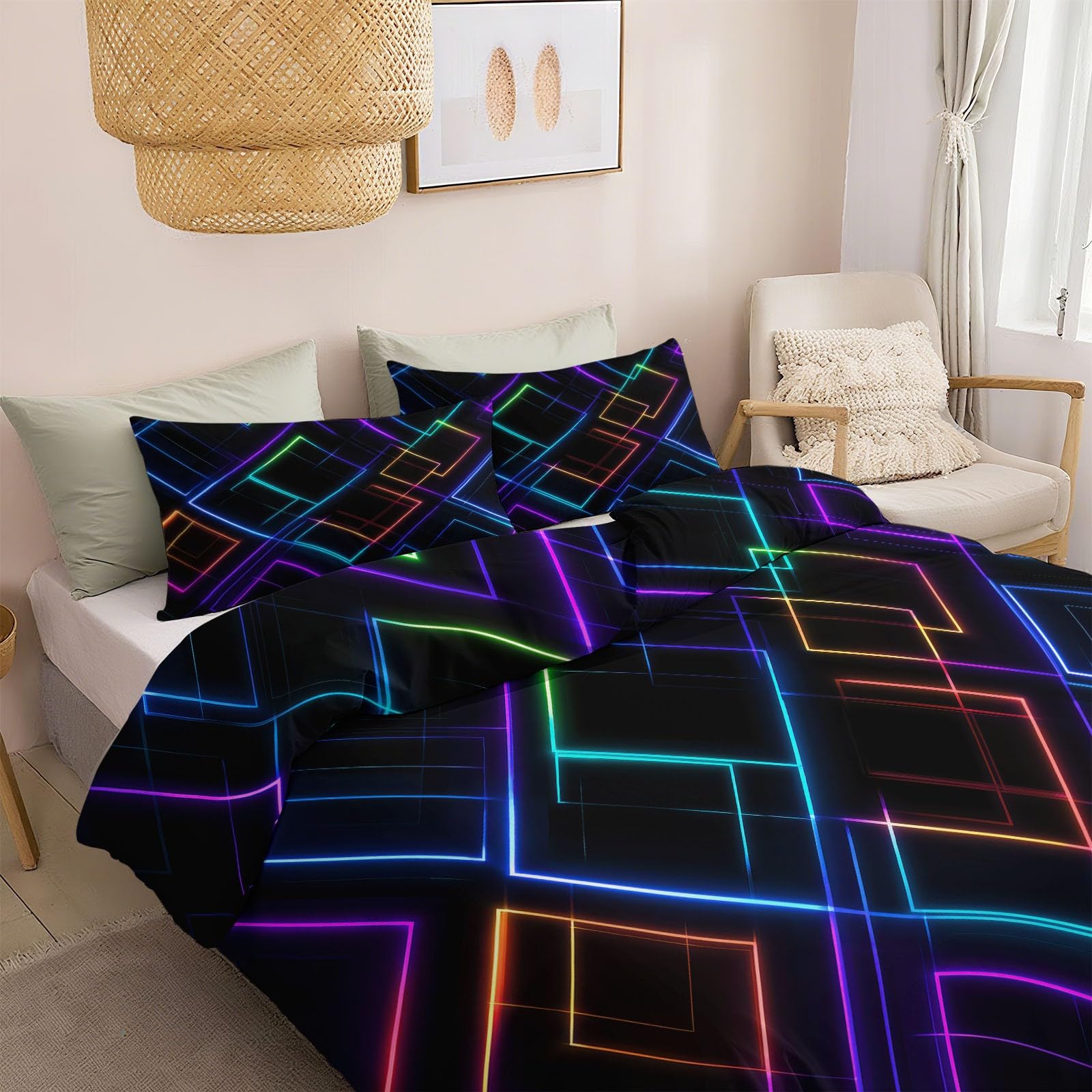 Pościel 200 x 220 cm, czarna, zestaw pościeli, abstrakcyjny geometryczny wzór neonowy, poszewka na kołdrę z mikrofibry, nie wymaga prasowania i miękka – dwustronna pościel i poszewka na