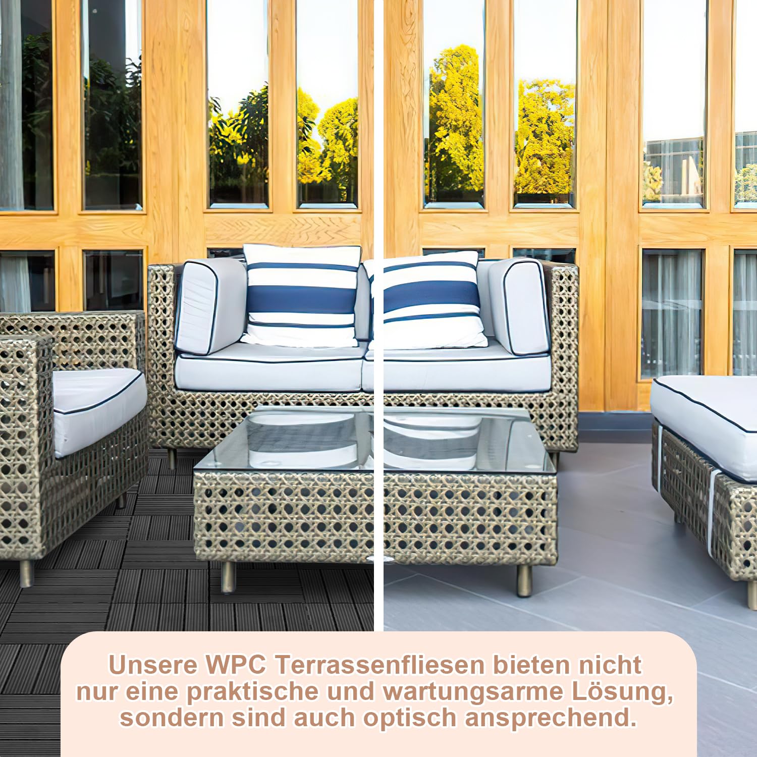 Eulenke WPC Terrassenfliesen 36 Stück, 30x60 cm Terrassendielen für Balkon Boden, Klickfliesen, Balkonfliesen in Holzoptik, Bodenbelag Wetterfest für Terrasse, für 6 m², Grau