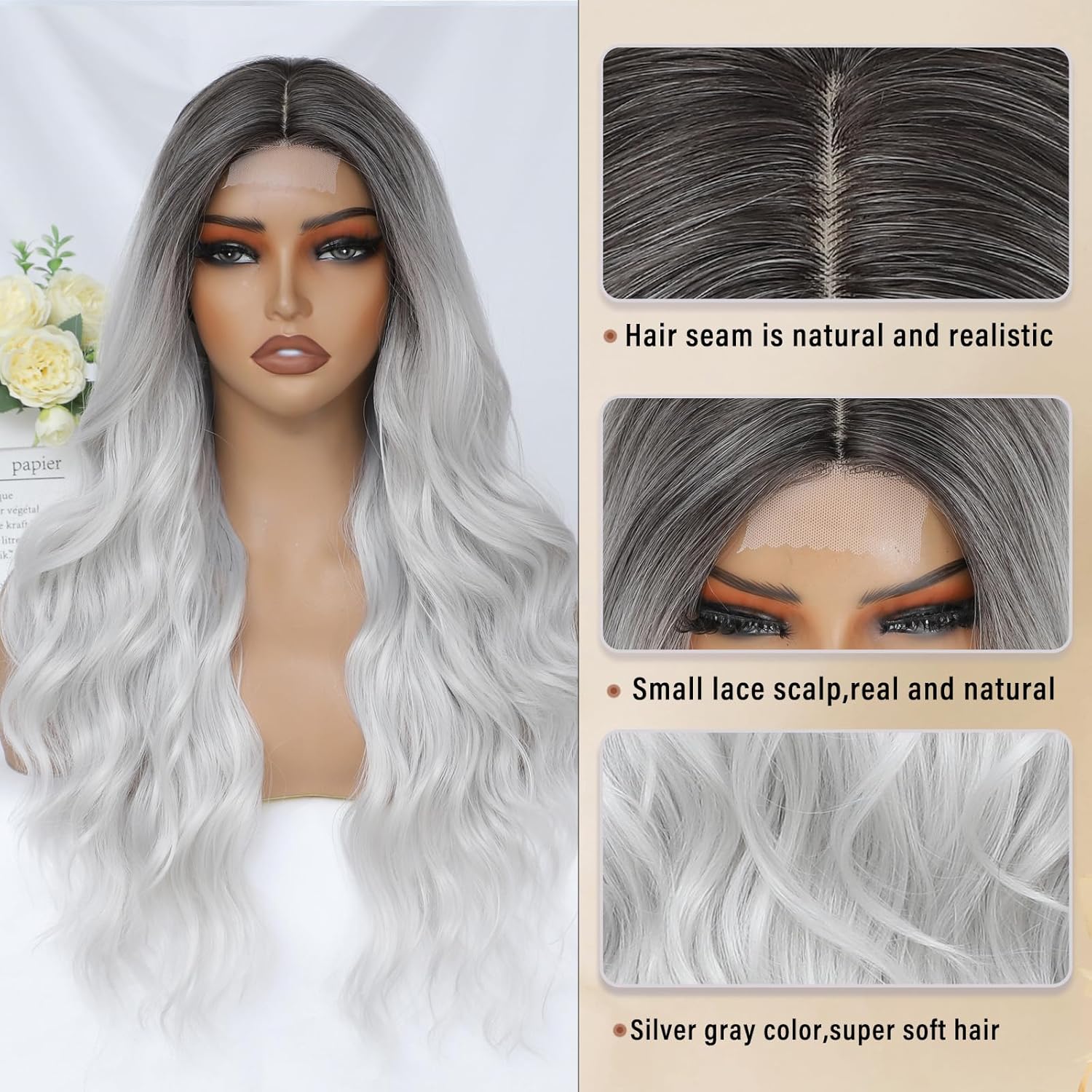Silver Wig for Women, Long Silver Gray Wavy Wig Middle Part 26 Inch Silver Grey Wigs Natural Looking Heat Resistant Synthetic Wigs for Daily Party Use - Image 4