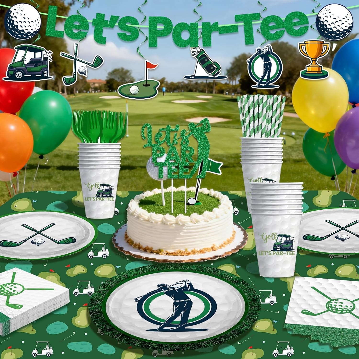 Golf Party Decorations, 159PCS Golf Birthday Decorations Include Banner Cake Toppers Plates Tablecloth, Golf Themed Party Supplies Serves 25