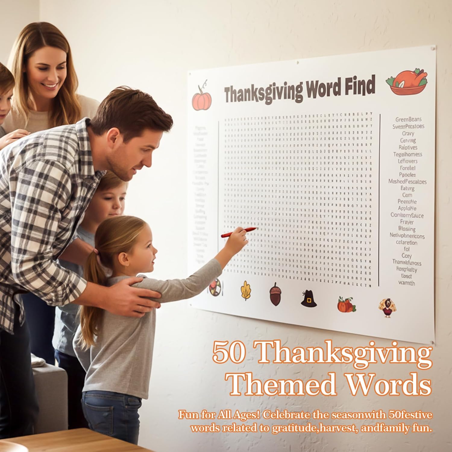 AuraGlaze 2025 New Thanksgiving Word Search Poster, Thanksgiving Poster Giant 36 * 24in Wall Game with 50 Words for Families, Thanksgiving Party Decor & Holiday Activity - Image 3