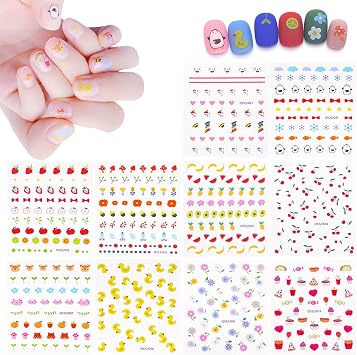 10 Sheets Cute Nail Stickers for Kids Including Animals Fruits Flowers Food Rainbow Leaves Designs Self Adhesive Nail Decals for Little Girls Women Nail Art Decoration Fun